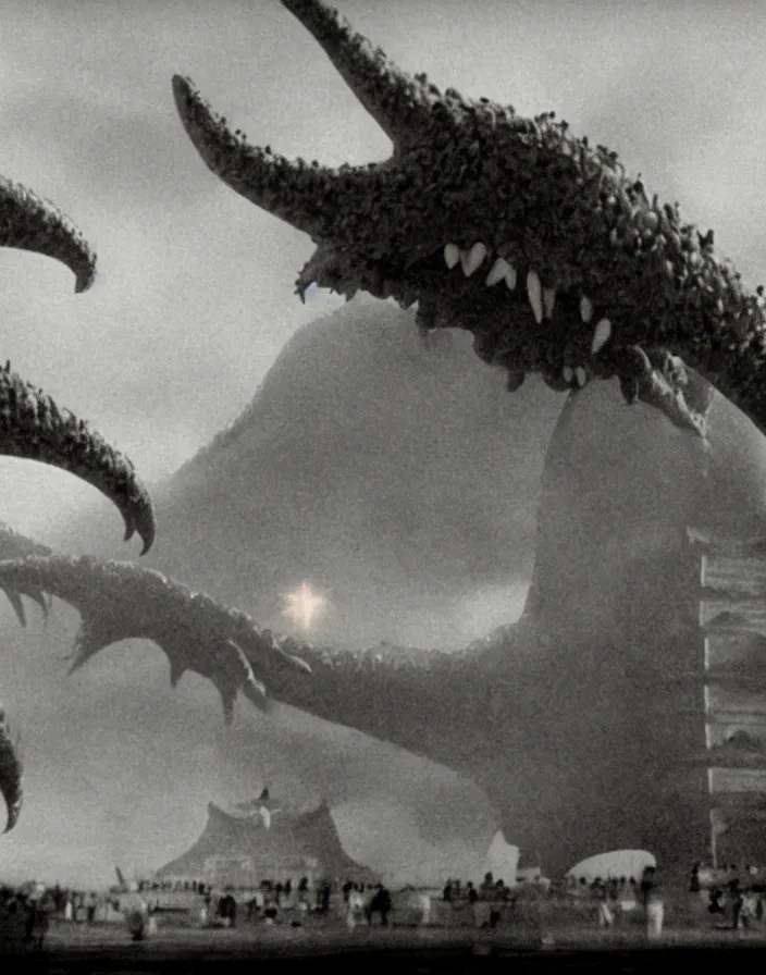 Image similar to a filmstill of a north korean monster movie, kaiju - eiga monster starfish - like trampling a traditional korean palace, foggy, film noir, video compression