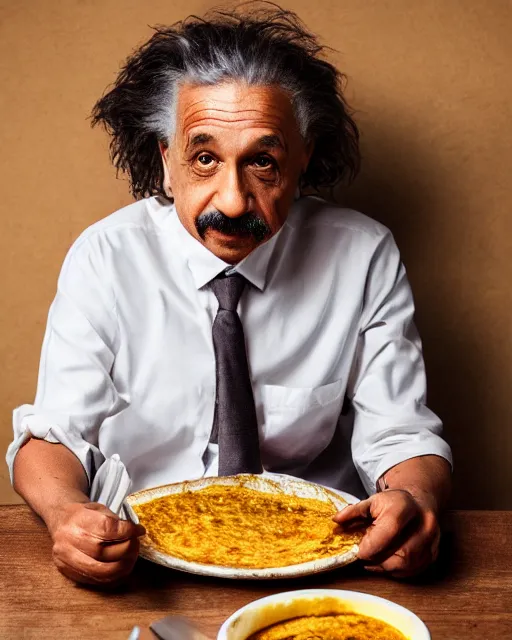 Prompt: A photo of Albert Einstein eating masala dosa, highly detailed, trending on artstation, bokeh, 90mm, f/1.4