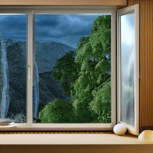 Image similar to The view from behind the window on the planet Earth, photorealistic, HD, 8K, cinematic, 3D render,