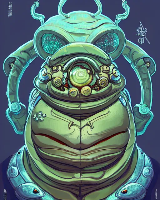 Image similar to a fat slimy anthropomorphic toad king wearing ornate cyberpunk armor, bust shot, smooth, intricate, elegant, power aura, digital painting, artstation, concept art, high tech fantasy, sharp focus, illustration, art by james jean