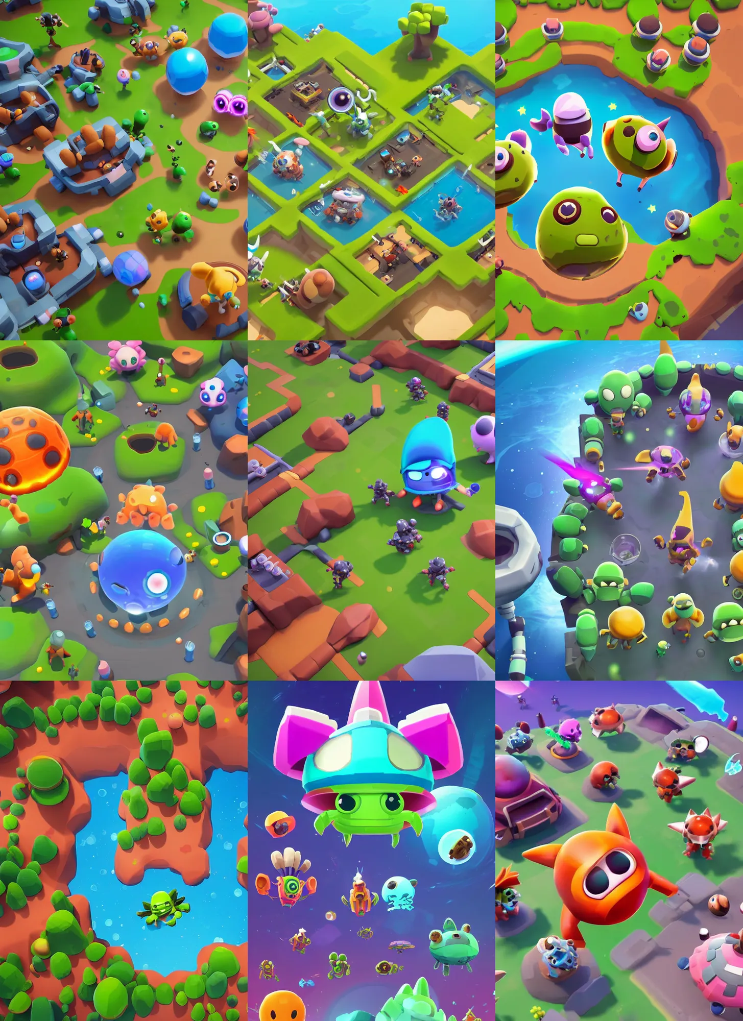 Prompt: mobile battle royale about alien cute little animals that land on a planet with different biomes meteorites or alien capsules, in the visual style of Brawl Stars and Spore, view from above and slightly behind