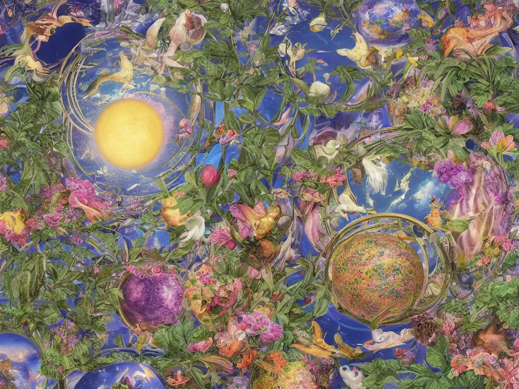 Image similar to The universe is a spheroid region 705 meters in diameter, 3d render, Sunlight Study, by Maria Sibylla Merian!!! and ((((Lisa Frank)))), Art Nouveau, 8k, extreme detail, sharp focus, octane render