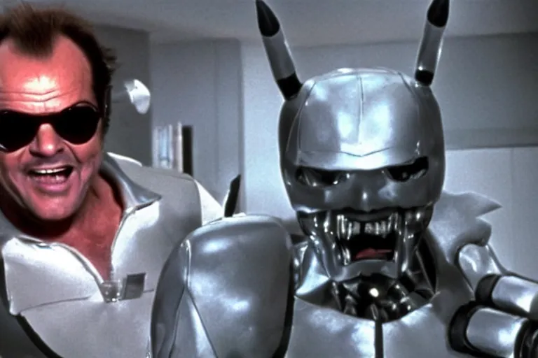 Image similar to Jack Nicholson plays Pikachu Terminator, his inner endoskeleton is exposed, still from the film