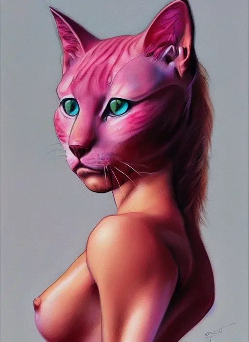 Prompt: a portrait of a pink cat hybrid woman wearing clothes, art by boris vallejo and greg danton and denys tsiperko, detailed, hyperrealism, artstation