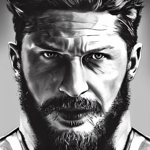 Image similar to Tom Hardy in wolverine suit Digital art 4K quality Photorealism