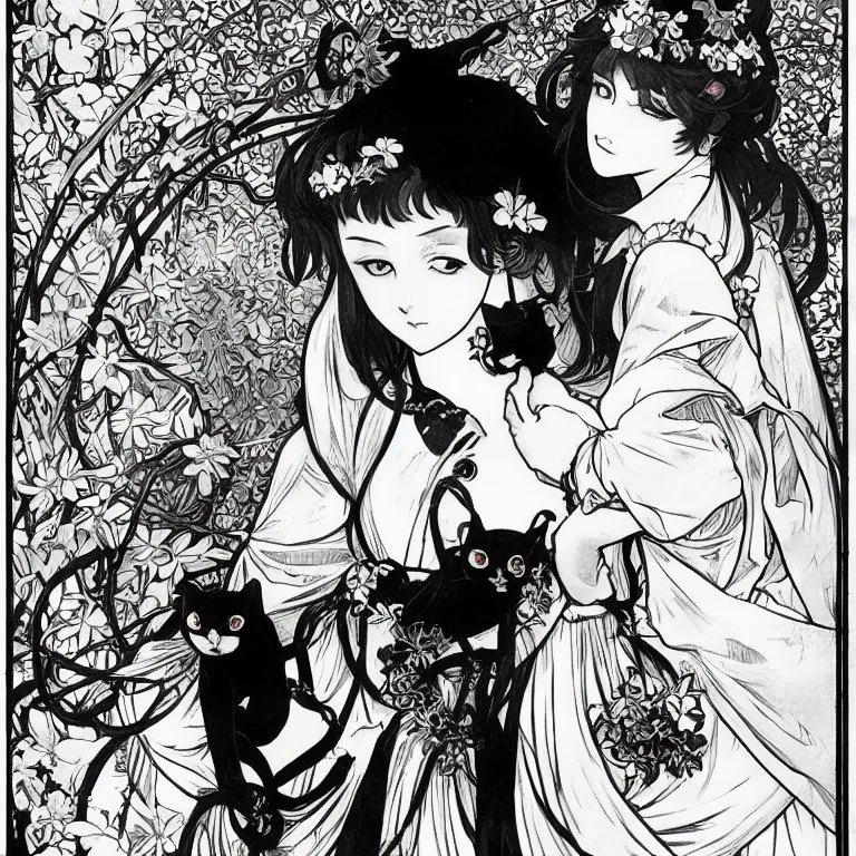 Prompt: gothic lolita and her cat companion. chiaroscuro manga illustration by clamp and alphonse mucha.