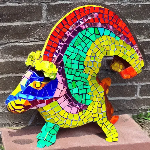 Prompt: mosaic sculpture of a alebrije chimera!!!, irregularly shaped mosaic tiles, pottery shards, in the style of folk art, in a cottagecore flower garden