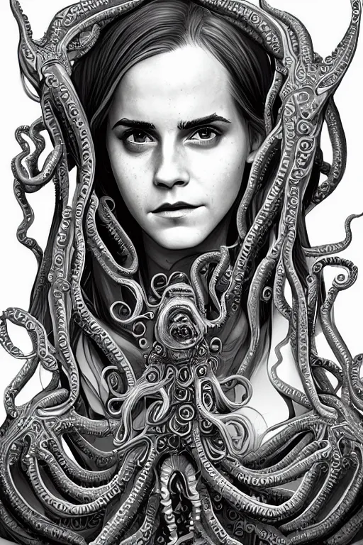 Image similar to Emma Watson evolving into lovecraftian monster, cute, fantasy, intricate, highly detailed, full-body design, tentacles, digital painting, artstation, concept art, smooth, sharp focus, illustration, art by AbyssWolf