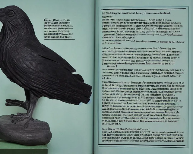 Image similar to a history textbook page with of a picture of 'clay sculpture of a raven goddess', clay sculpture, photograph, zoomed out, trending on tumblr, textbook page