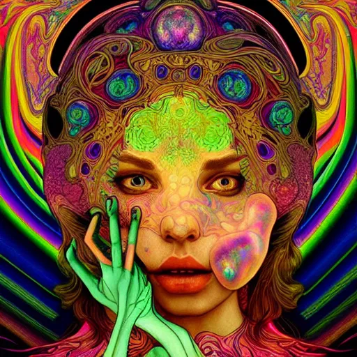 Image similar to An extremely psychedelic experience, reality bending, morphing, transforming, colorful, surreal, magic mushrooms, psilocybin, LSD, face, detailed, intricate, elegant, highly detailed, digital painting, artstation, concept art, smooth, sharp focus, illustration, art by Krenz Cushart and Artem Demura and alphonse mucha