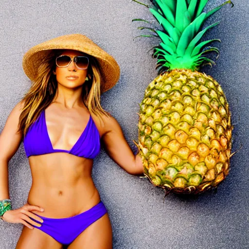 Image similar to j - lo, coconut bikini and a pineapple hat, professional photography, photoshop