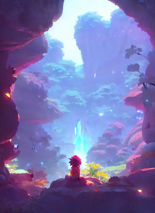 Prompt: a cave where can see a super nice garden, neon circular light round it, illustration concept art anime key visual trending pixiv fanbox by wlop and greg rutkowski and makoto shinkai and studio ghibli