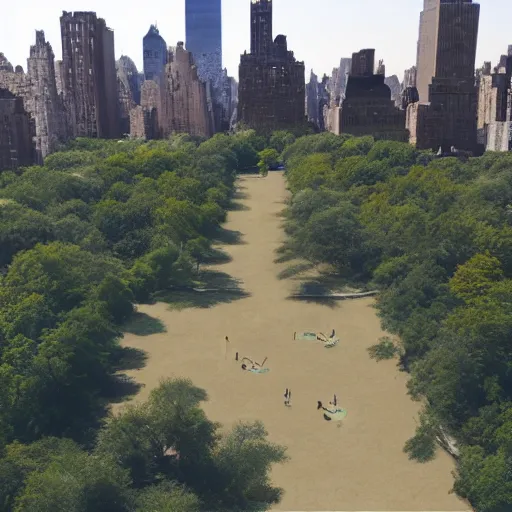 Prompt: egyptian excavation in central park new york drone footage shot on arri alexa flat light high detail blue sky