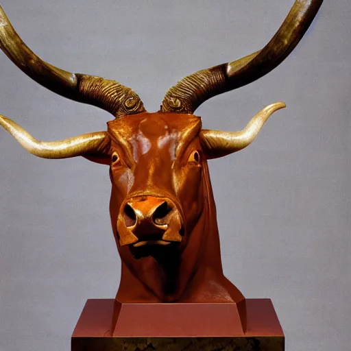 Image similar to professional color photograph of a patinated bronze portrait bust of an angry Texas Longhorn bull supported by a bronze plinth, by Auguste Rodin