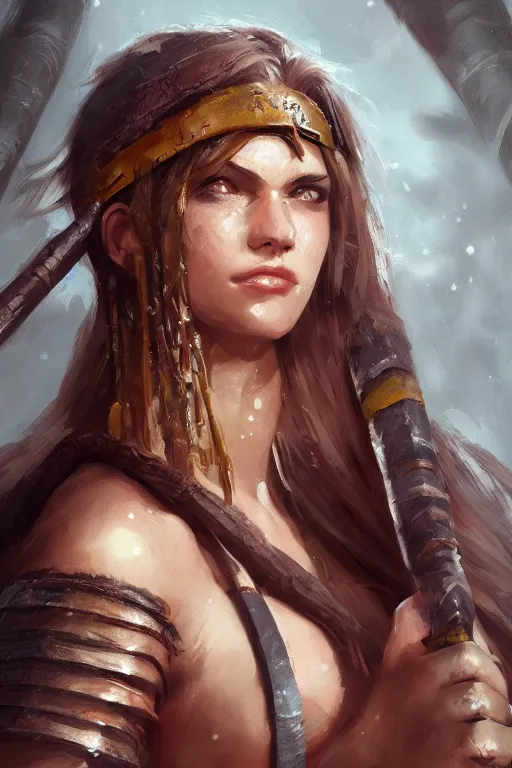 Image similar to head and shoulders portrait of a barbarian female high quality focus by wlop