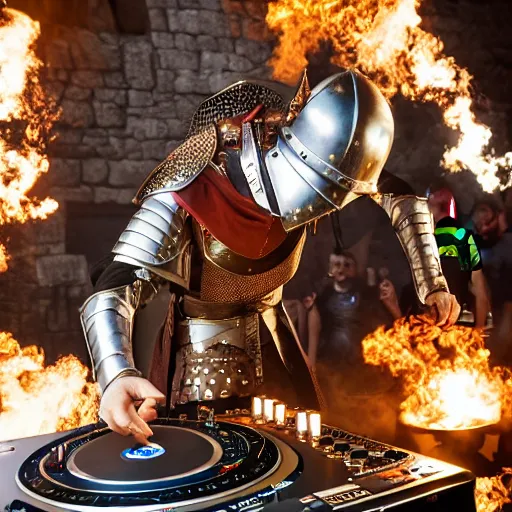 Prompt: photograph of a dubstep dj in medieval crusader armor djing during a medieval party, 8 k resolution, high detail