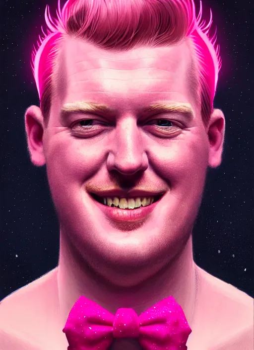 Prompt: portrait of josh homme, realistic, smile, ugly, defined jawline, big chin, pink hair bow, intricate, elegant, glowing lights, highly detailed, digital painting, artstation, sharp focus, illustration, art by wlop, mars ravelo and greg rutkowski