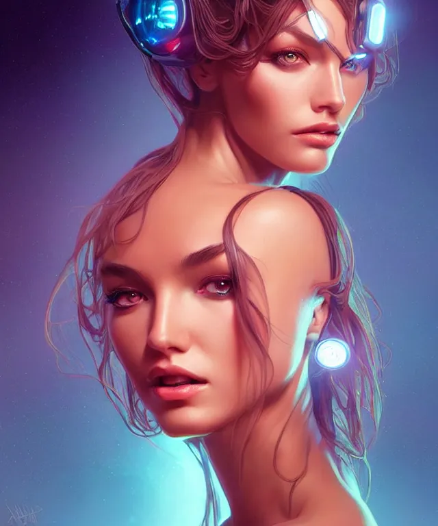 Image similar to Supermodel woman turning fiction to reality , scifi, intricate, elegant, highly detailed, teal neon glowing eyes, digital painting, artstation, concept art, smooth, sharp focus, illustration, art by artgerm and moebius and alphonse mucha