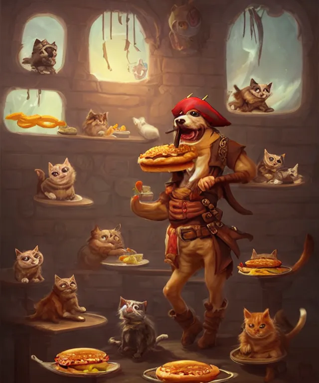 Prompt: a portrait of an anthropomorphic pirate dog eating hamburgers, standing in a restaurant surrounded by cats!, cute and adorable, dnd character art portrait, well rendered matte fantasy painting, deviantart artstation, by jason felix by steve argyle by tyler jacobson by peter mohrbacher, cinematic lighting