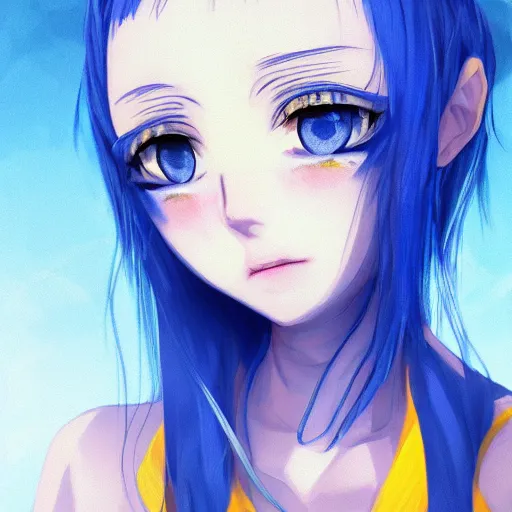 Prompt: a portrait of anime ukrainian blue and yellow girl, crying with eye drops, concept art, trending on artstation, highly detailed, intricate, sharp focus, digital art, 8 k