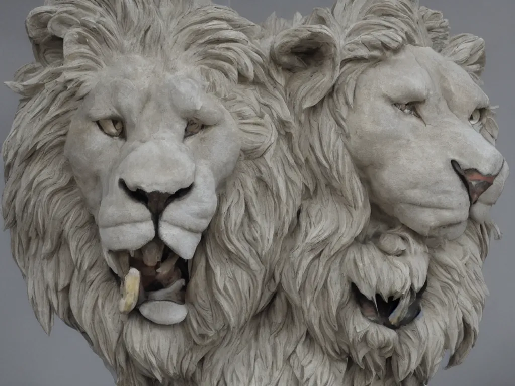 Prompt: a sculpture of a lion lion with a human head with photorealistic level of detail