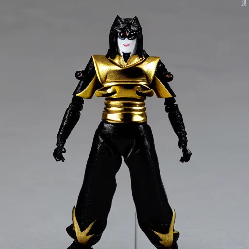Prompt: Photo of an Evil moonface action figure, japanese action figure, gold and black color scheme