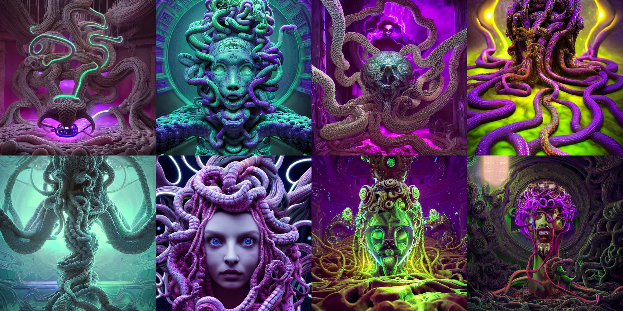 Image similar to beautiful medusa gorgon, cosmic horror, abstract, ghostly, arcade, duotone, poltergeist, epic lighting, intricate, elegant, highly detailed, smooth, sharp focus, photo real, ultra realistic, unreal engine 5, raytracing, in the style of beeple and mike winkelmann, ultraviolet colors,