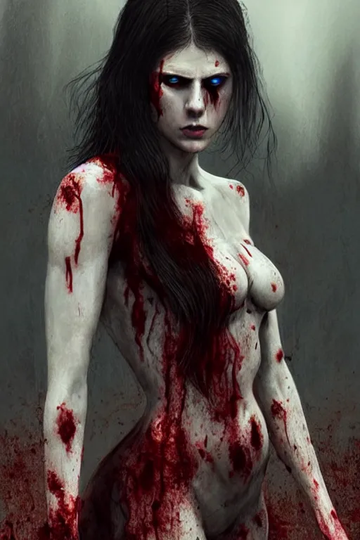 Prompt: pale woman!, covered with blood, alexandra daddario face!!, black dress made of black bones, long red hair, blue eyes, ultra realistic, concept art, intricate details, highly detailed, photorealistic, octane render, 8 k, unreal engine. retro film still, heavy grain, 3 5 mm, art by artgerm and greg rutkowski and alphonse mucha