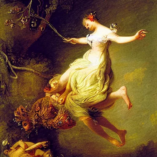Prompt: wonderful world of carnivorous plant eating a woman, painted by fragonard
