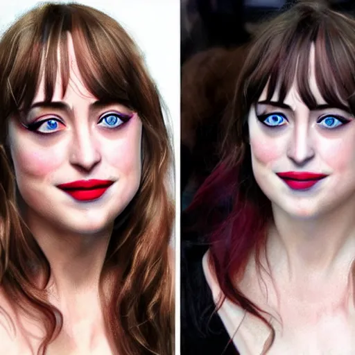 Prompt: beautiful dakota johnson with joker makeup, highly detailed, realistic face, detailed face, amazing digital art