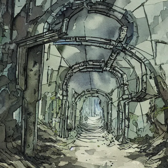 Image similar to a watercolor ink painting of the abandoned and overgrown tunnels of an post-apocalyptic arcology