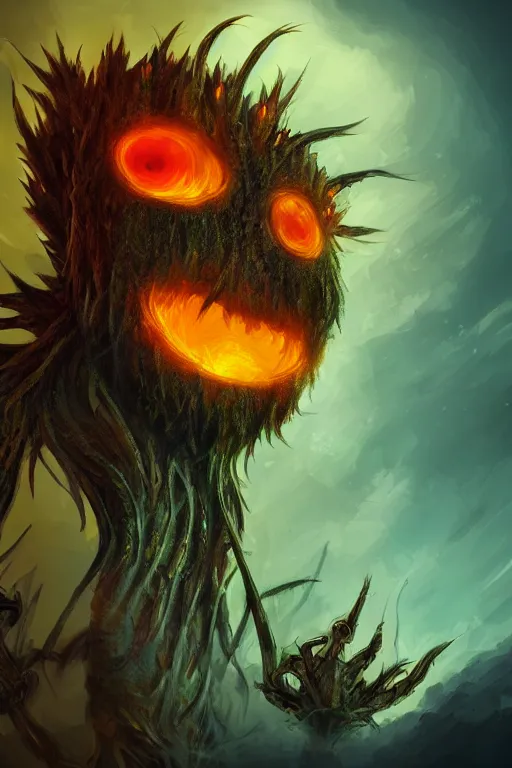 Image similar to a humanoid figure thistle monster, glowing amber eyes, highly detailed, digital art, sharp focus, trending on art station, plant, anime art style