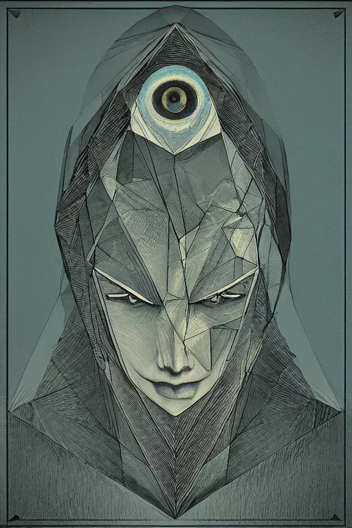 Image similar to portrait of triangle shaped head with single centered giant diamond eye, in the style of Greg Broadmore and Arthur Rackham,trending on artstation, light lighting side view,digital art,surrealism ,macro,blueprint ,vaporwave ,