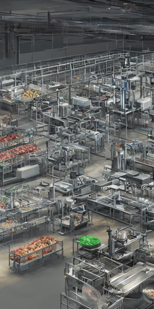 Image similar to concept art, industrial synthetic food production line. food, meat, fruit, vegetables, protein, organized, high detail, 8 k, octane rendering, unreal engine.