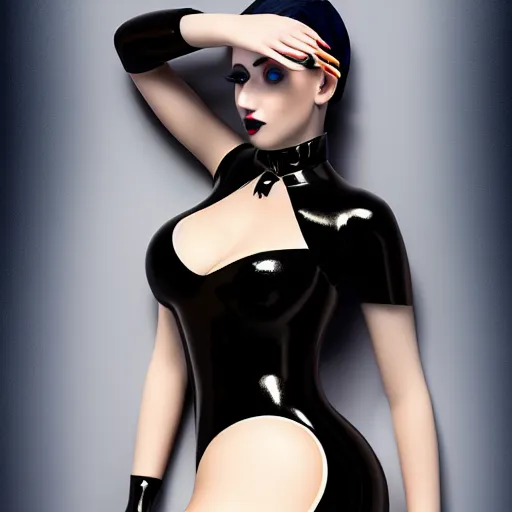 Prompt: a feminine curvy pale hot goth cutie wearing an tight blue-black-gold latex high-neck dress, choker necklace, cgsociety, photorealistic, sublime-cool-hyperadvanced-dark-amorous ambience, 16k, smooth, sharp focus, trending on ArtStation, volumetric lighting, fully clothed, thin waist