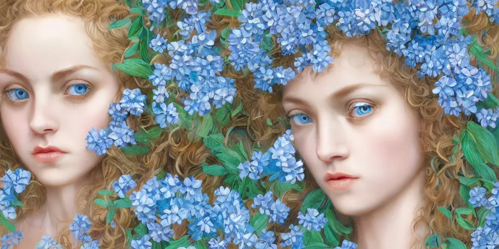 Prompt: breathtaking detailed concept art painting portrait of the hugs goddess of light blue flowers, blonde curly hair, orthodox saint, with anxious piercing eyes, ornate background, amalgamation of leaves and flowers, face by hsiao - ron cheng, extremely moody lighting, 8 k