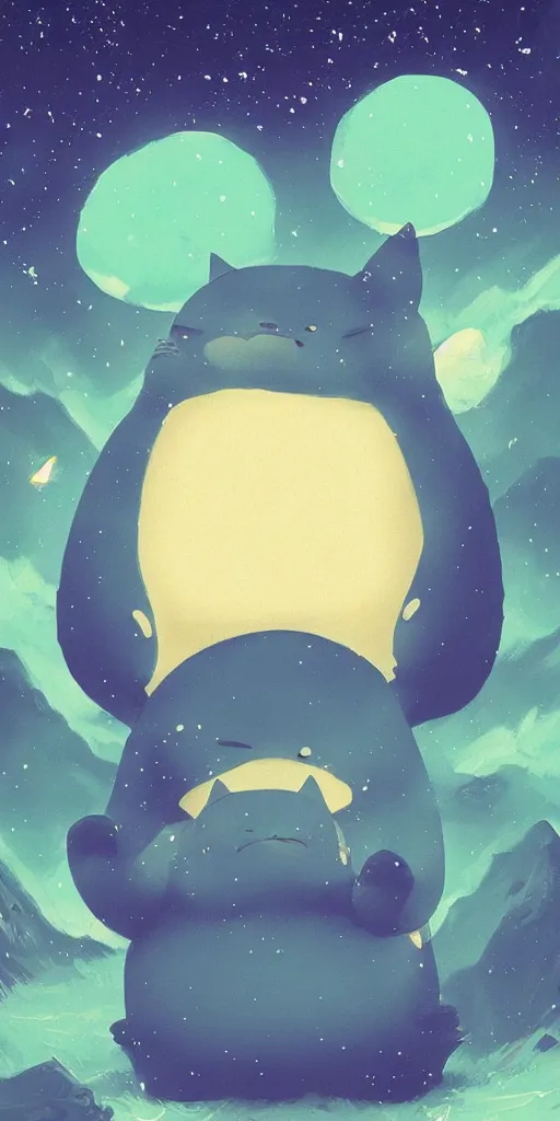 Image similar to glowing snorlax totoro, mountain landscape, night sky, digital art, digital painting, celestial, majestic, colorful