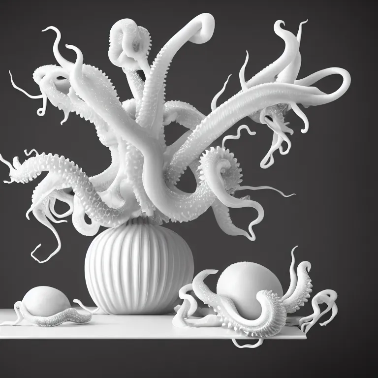 Image similar to still life of white flowers on a table, white alien squid, white octopus, , surreal alien ribbed white fruit, white human spine, baroque painting, beautiful detailed intricate insanely detailed octane render trending on Artstation, 8K artistic photography, photorealistic, chiaroscuro, Raphael, Caravaggio beautiful BW monochrome