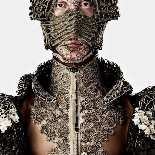 Prompt: a portrait of a beautiful young male wearing an alexander mcqueen armor made of lace , photographed by andrew thomas huang, artistic