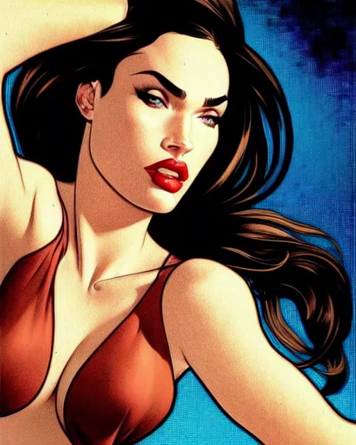 Image similar to low angle closeup beautiful very seductive megan fox retro scifi goddess pinup, action glamour pose, windblown dark hair, hyper detailed, digital art, studio lighting, smooth, ambient lighting, sharp focus, frank miller, wlop, anna dittmann, moebius!, alphonse mucha, patrick nagle!!!, rim lighting, synthwave