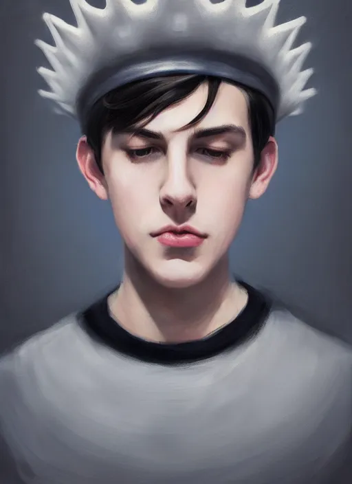 Prompt: portrait of teenage jughead jones wearing a light grey crown, photorealistic, crown, eyes closed, crown, asexual flag, black hair, intricate, elegant, glowing lights, highly detailed, digital painting, artstation, concept art, smooth, sharp focus, illustration, art by wlop, mars ravelo and greg rutkowski