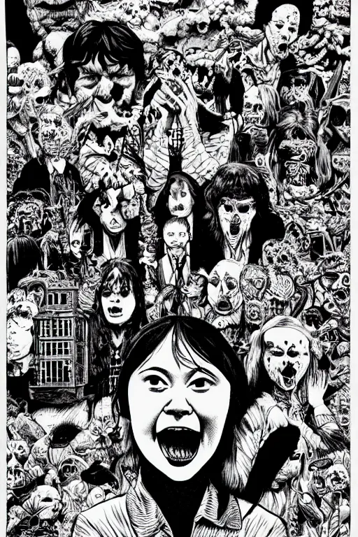 Prompt: greta thunberg evil, horror, dastardly, black and white, art by junji ito, trending on artstation, insanely detailed and intricate, hypermaximalist, elegant