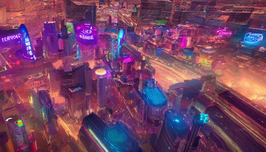 Image similar to Cinematic view of Futuristic Las Vegas with lots of neons and holograms, first person view, hyperdetailed, artstation, cgsociety, 8k