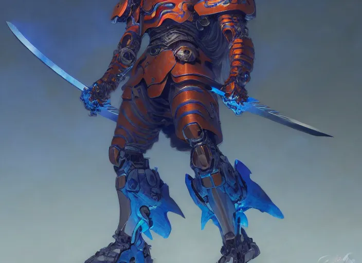 Image similar to character design digital 2 d man viking cape evangelion cyborg blue armor sword of fire by gaston bussiere, anna nikonova aka newmilky, greg rutkowski, yoji shinkawa, yoshitaka amano, tsutomu nihei, muira, moebius, donato giancola, trending on artstation, featured on pixiv