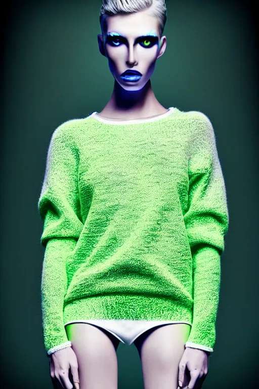 Image similar to stylish pullover for a rave bright colors, many details, photo for a magazine, photo for a store, fashion photography, Vogue, cinematic, hyper realism, high detail, 8k, very coherent symmetrical work, perfect face model, full length photo, Upper and lower body, white eyes, photographer style by Nik Night Erik Madigan Hec and Walter Chin and Camilla Akrans and Miles Aldridge