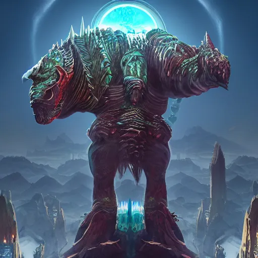 Image similar to giant creature with a city on his shoulders, ultra detailed, well composed, epic, beautiful colors, 8 k