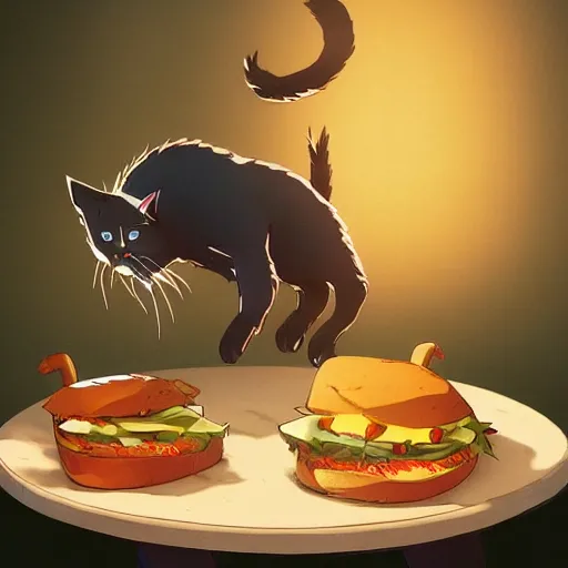 Image similar to a scared cat running away from the giant carnivorous sandwich, artstation hq, dark phantasy, stylized, symmetry, modeled lighting, detailed, expressive, true unsimulated emotions, created by hayao miyazaki