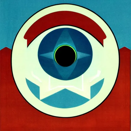 Image similar to logo of eye overlooking a city, symmetrical, washed out color, centered, art deco, 1 9 5 0's futuristic, glowing highlights, peaceful