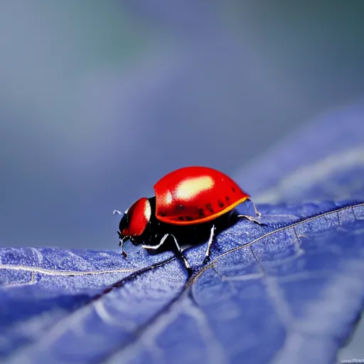 Prompt: national geographic photo of a metallic ladybug on a blue leaf