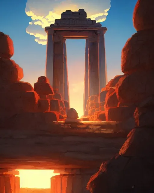 Prompt: a blazing geometric sun above a monolithic temple, detailed, cell shaded, 4 k, warm colours, concept art, by wlop, ilya kuvshinov, artgerm, krenz cushart, greg rutkowski, pixiv. cinematic dramatic atmosphere, sharp focus, volumetric lighting, cinematic lighting, studio quality